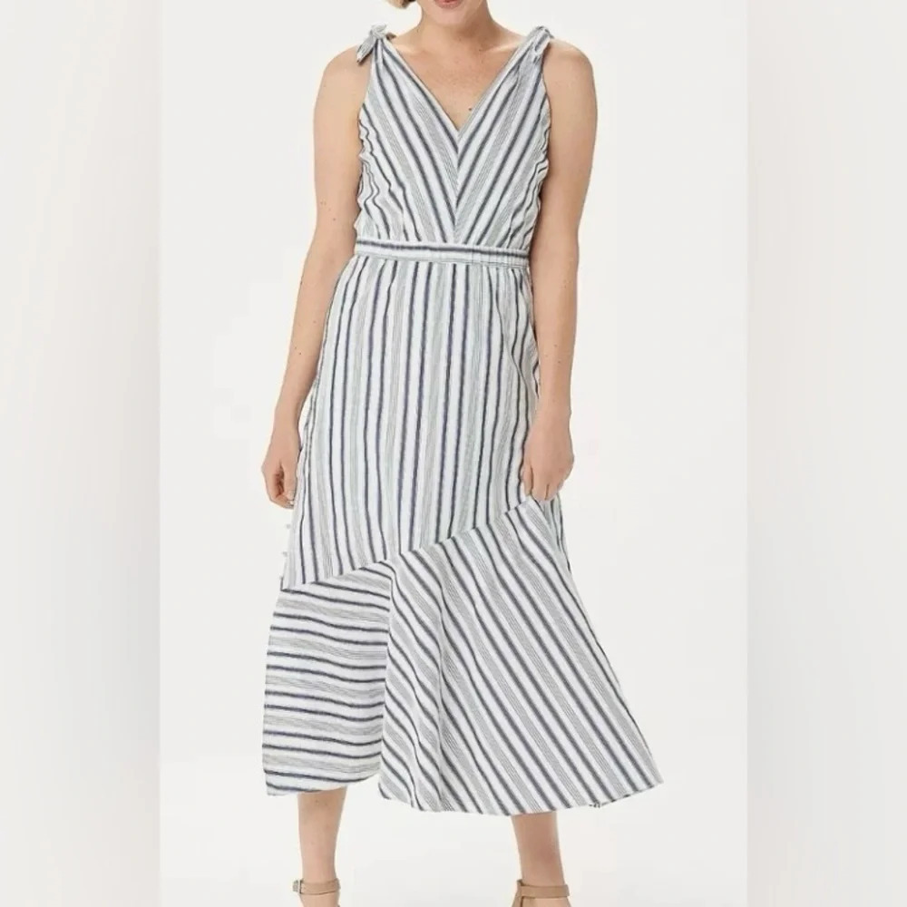 Sam Edelman Blue White Silver Metallic Stripe Sleeveless Maxi Dress Size Large